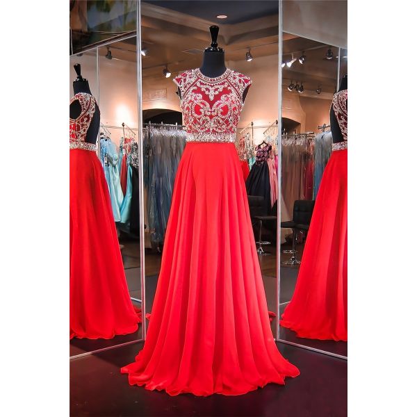 High Neck Cap Sleeve Open Back Long Red Chiffon Beaded Prom Dress
