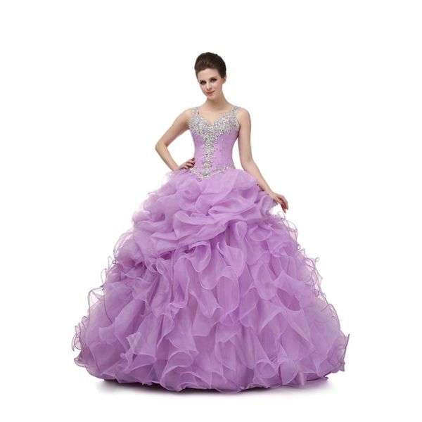 Princess Ball Gown Sweetheart Lilac Organza Ruffle Beaded Prom Dress