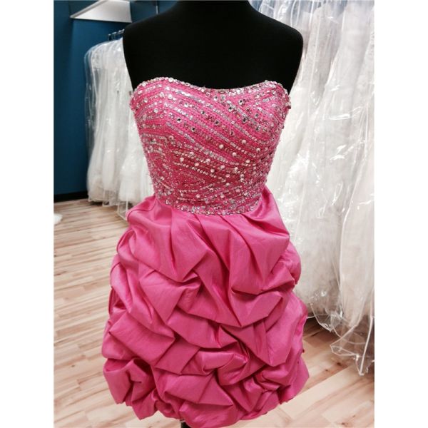 Puffy Strapless Short Hot Pink Taffeta Bubble Beaded Prom Dress