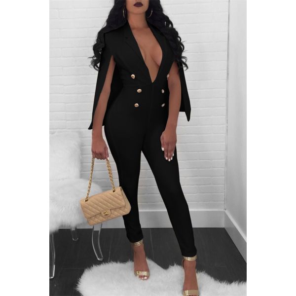 Sexy Deep V Neck Gold Button Black Women Jumpsuit With Cape