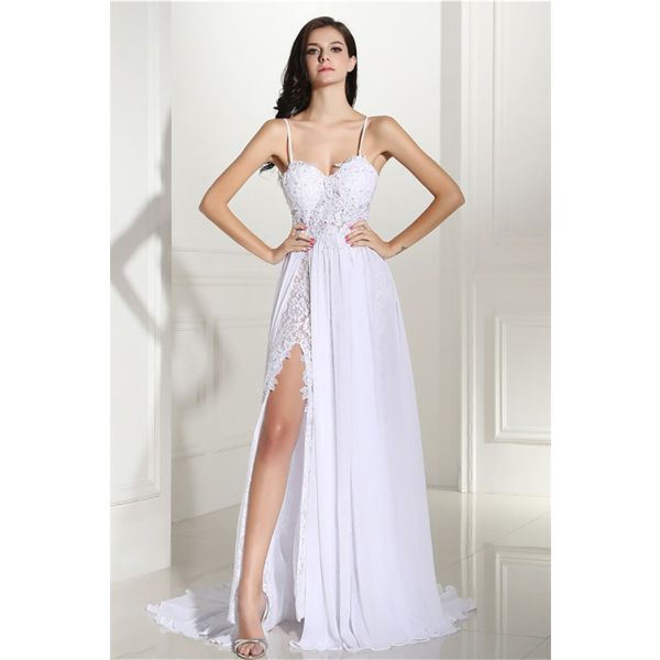 Sexy High Slit Open Back Spaghetti Straps Lace Chiffon Wedding Prom Dress