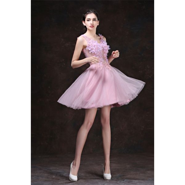 Sexy V Neck Short Dusty Pink Tulle Flower Cocktail Prom Dress Lace Up Back