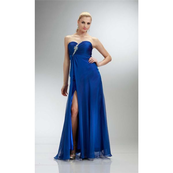 Sheath Strapless Empire Waist Long Royal Blue Chiffon Prom Dress With Slit