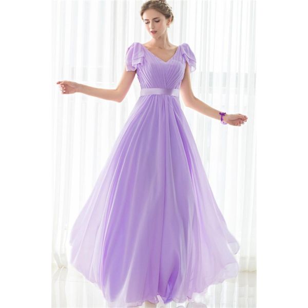 Sheath V Neck Long Lilac Chiffon Wedding Guest Bridesmaid Dress With Sash