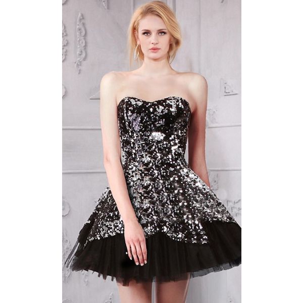 Sparkly Strapless Short Little Black Tulle Sequin Prom Dress