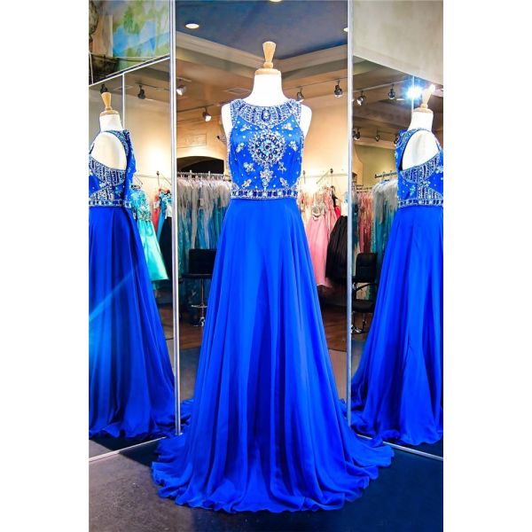 Wonderful A Line Sleeveless Long Royal Blue Chiffon Beaded Prom Dress