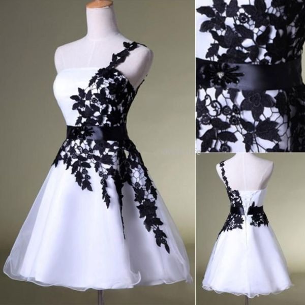 A Line One Shoulder White Tulle Black Lace Short Prom Dress Corset Back