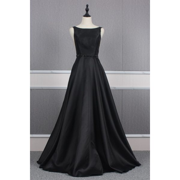 Chic Long A Line Beaded Black Prom Party Dress With Open Back