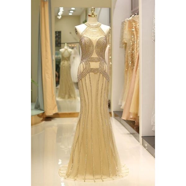 Chic Long Mermaid Gold Prom Evening Dress With Rhinestones Open Back