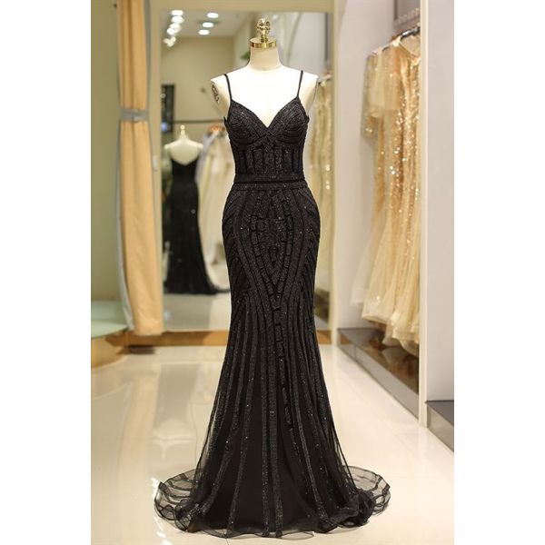 Gorgeous Long Mermaid Black Prom Evening Dress With Spaghetti Straps ...