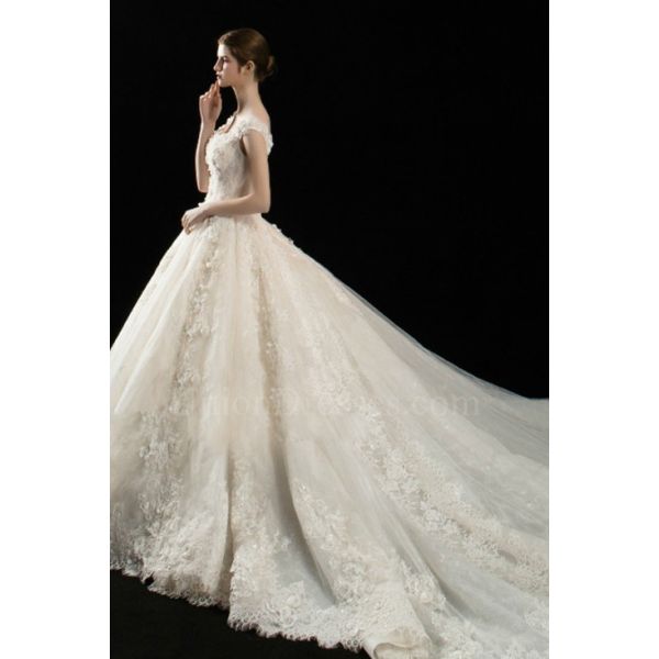 Beautiful Ball Gown V Neck Cap Sleeve Crystal Beaded Flowers Lace Tulle ...