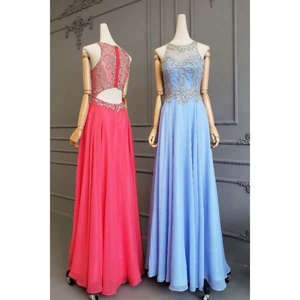 Princess Long Blue Chiffon Beaded Prom Party Dress With Cutouts See ...