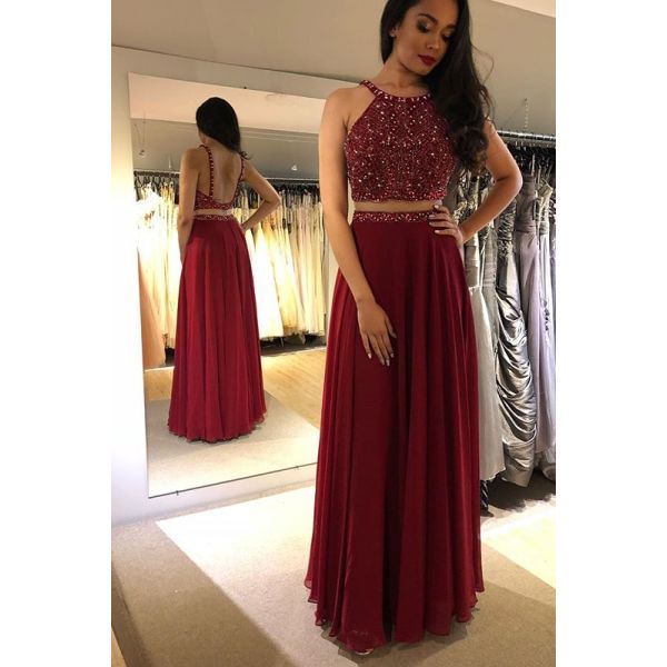 Romantic Two Pieces Red Chiffon Beaded Prom Evening Dress Scoop Low Back