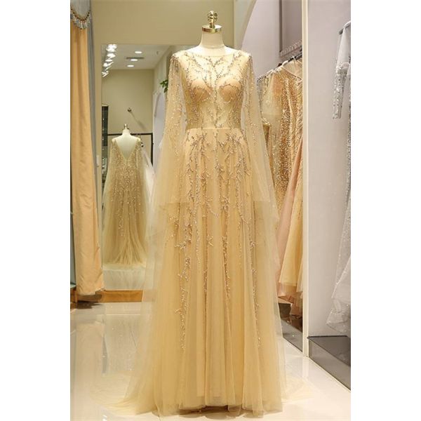 See Through Long A Line Gold Tulle Beaded Prom Evening Dress With Cape ...