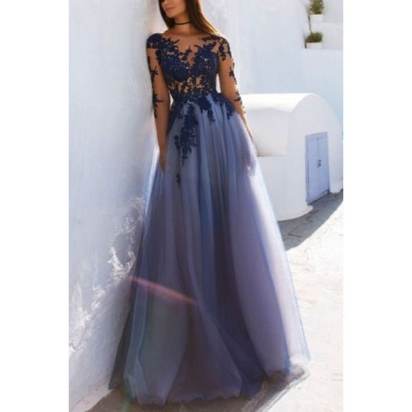 See Through Prom Evening Dress Illusion Neckline Long Sleeves Blue ...