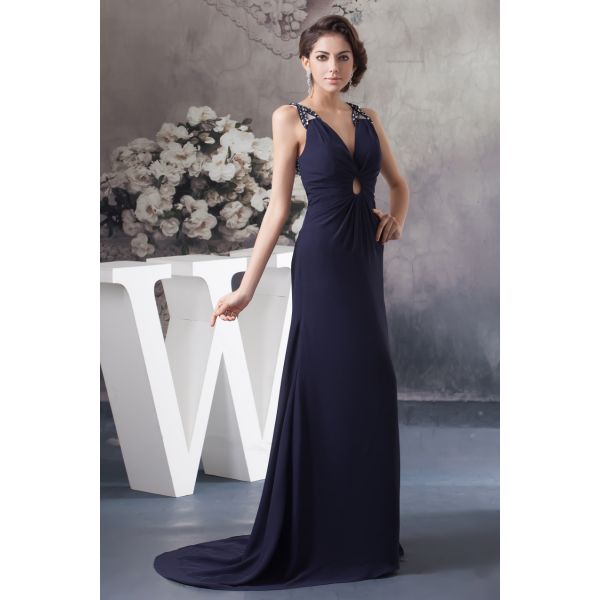 Graceful A Line V Neck Cross Straps Front Cutout Beaded Navy Blue Prom ...