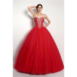 Puffy Ball Gown Strapless Red Tulle Beaded Corset Prom Dress