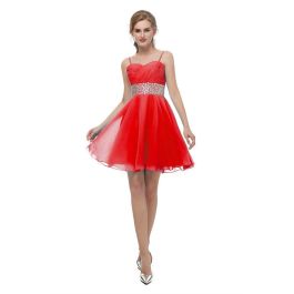 Elegant Short Mini A Line Sweetheart Spaghetti Straps Crystal Beaded Red Chiffon Prom Cocktail Dress