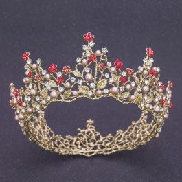 Beautiful Gold Alloy Red Rhinestone Wedding Bridal Tiara Crown With Pearls