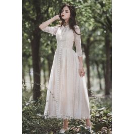 Elegant High Neck 3 4 Sleeve Tea Length Lace A Line Wedding Dress With Collar Buttons