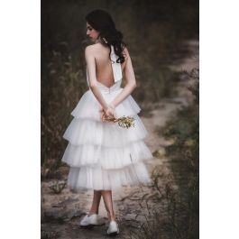 Princess Halter Backless Tiered Tulle Tea Length A Line Wedding Dress 