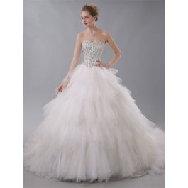 Gorgeous Ball Gown Sweetheart Corset Crystal Beaded Ivory Wedding Dress With Ruffles
