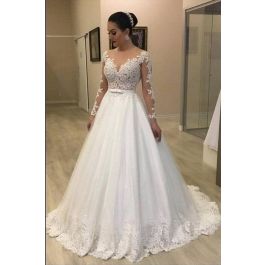 Beautiful A Line Long Sleeves Lace Tulle Wedding Dress Bridal Gown With ...