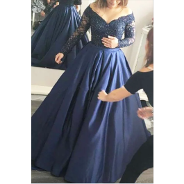 Elegant Beaded Plus Size Prom Evening Dress Off The Shoulder Long Sleeves Royal Blue Lace Taffeta