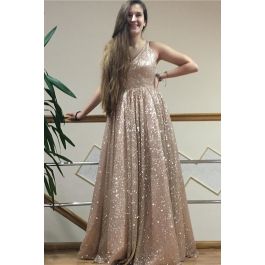 Romantic A Line Prom Party Dress V Neck Sleeveless Champagne Sequins