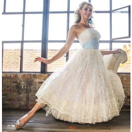 Chic A Line Tea Length Wedding Dress Strapless Blue Sash Ruched Ivory Lace