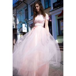 Romantic Two Pieces Prom Evening Dress High Neck Short Lace Sleeves Pink Tulle Skirt