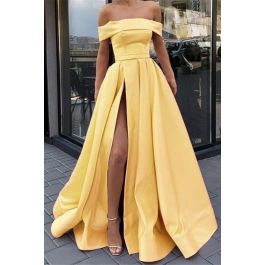 Princess Yellow Ball Gown Prom Evening Dress Off The Shoulder With Slit