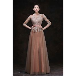 A Line Bateau Neckline Long Brown Tulle Lace Evening Prom Dress With Three Quarter Sleeves