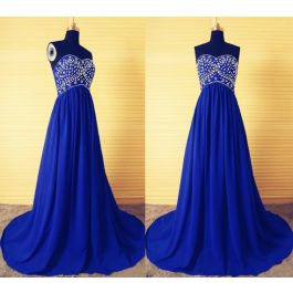 A Line Empire Waist Long Royal Blue Chiffon Beaded Evening Prom Dress