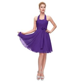 A Line Halter Corset Short Purple Chiffon Party Bridesmaid Dress With Sash