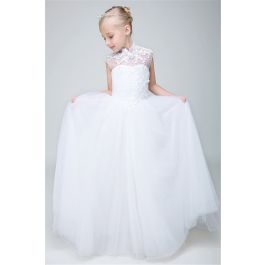 A Line High Neck Cap Sleeve Tulle Lace Flower Girl Dress