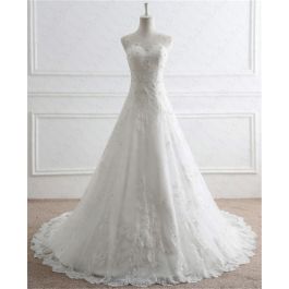 A Line Illusion Neckline Tulle Lace Beaded Pearl Wedding Dress With Buttons
