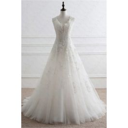 A Line Plunging Neckline Open Back Tulle Lace Beaded Wedding Dress Corset Back