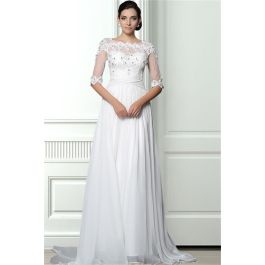 A Line Scalloped Neck Sheer Back Chiffon Lace Beaded Wedding Dress With Sleeves