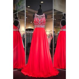 A Line Scoop Neck Open Back Long Red Chiffon Beaded Prom Dress