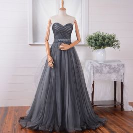 A Line Strapless Charcoal Gray Tulle Ruched Prom Dress With Sash