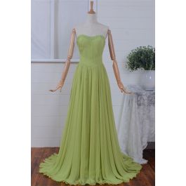 A Line Strapless Drop Waist Long Grass Green Chiffon Beaded Prom Dress
