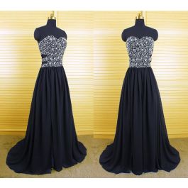 A Line Sweetheart Side CutOuts Long Black Chiffon Beaded Evening Prom Dress