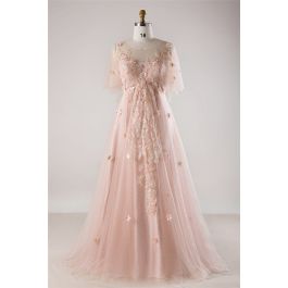A Line Tulle Sleeve Blush Pink Lace Flower Bohemian Plus Size Wedding Dress