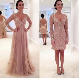 A Line V Neck Low Back Nude Tulle Lace Evening Prom Dress With Detachable Skirt