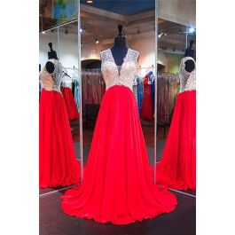 A Line V Neck Sheer Back Long Red Chiffon Tulle Beaded Prom Dress