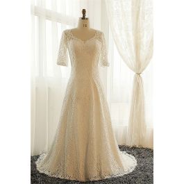 A Line V Neck Vintage Lace Sleeve Plus Size Wedding Dress