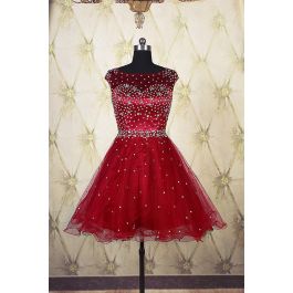 Ball Gown Boat Neck Open Back Short Red Tulle Beaded Tutu Prom Dress
