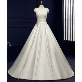 Ball Gown High Neck Backless Ivory Satin Beaded Wedding Dress With Sash