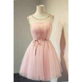 Ball Gown Illusion Neckline Open Back Short Light Pink Tulle Corset Prom Dress
